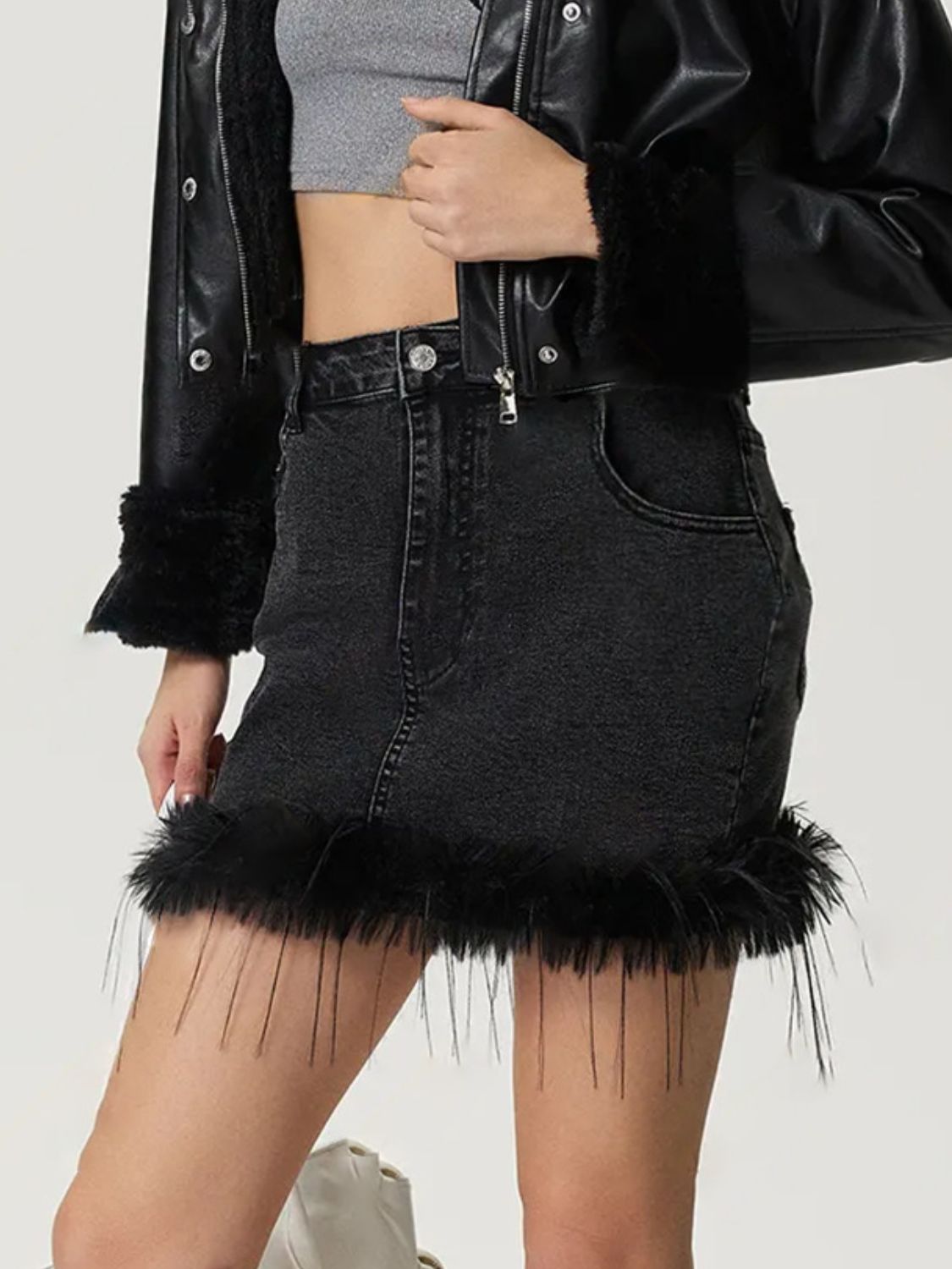 Plush Hem Mini Denim Skirt