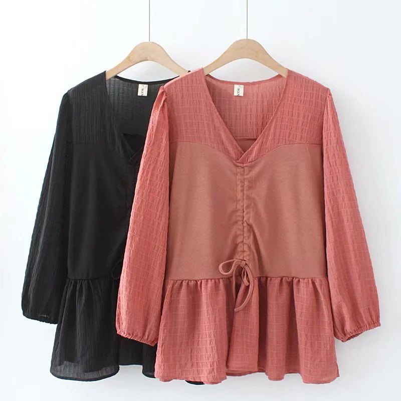 Loose Fit Drawstring V-Neck Long Sleeve Top