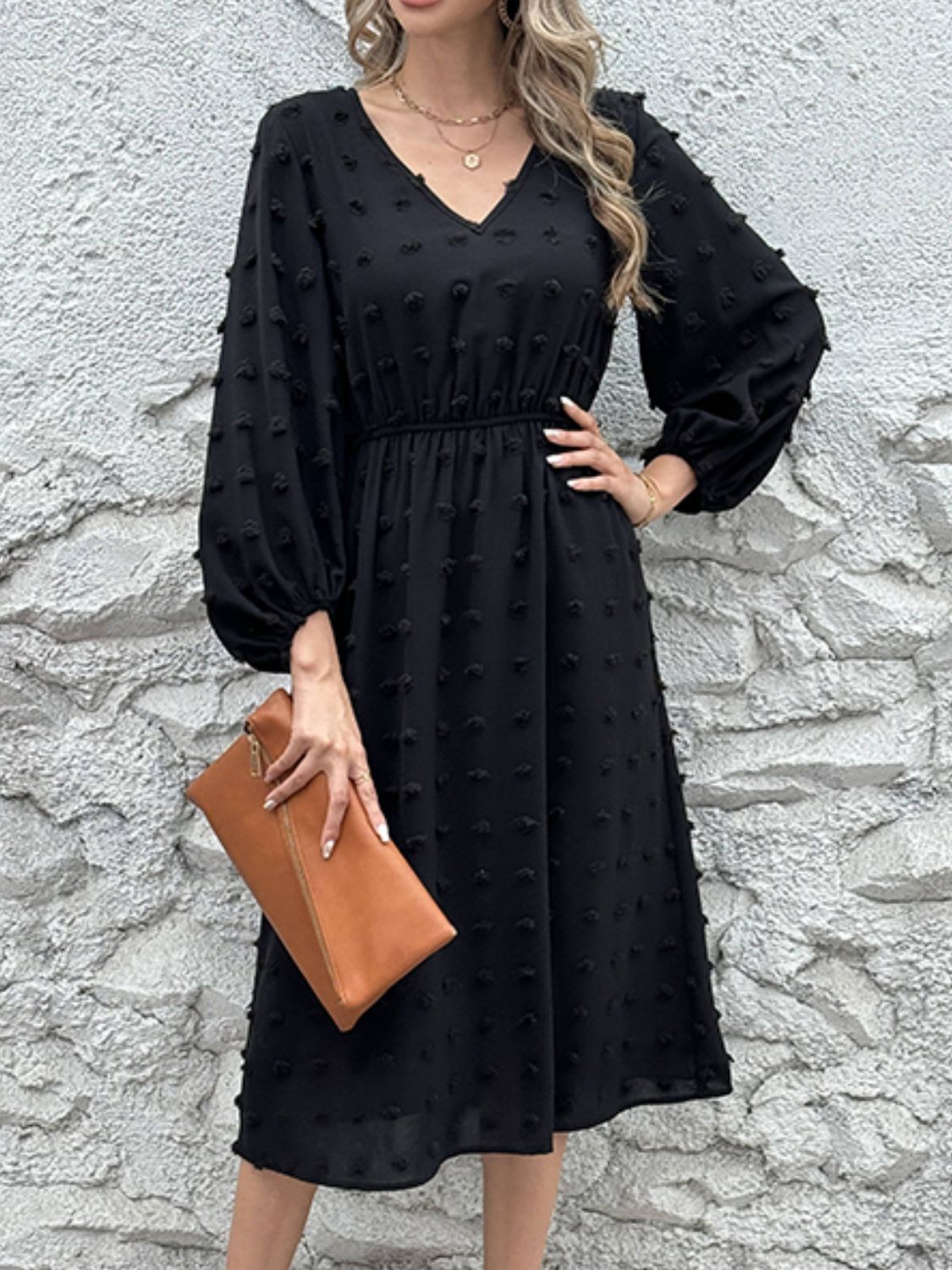 Full Size Swiss Dot V-Neck Long Sleeve Midi Dress