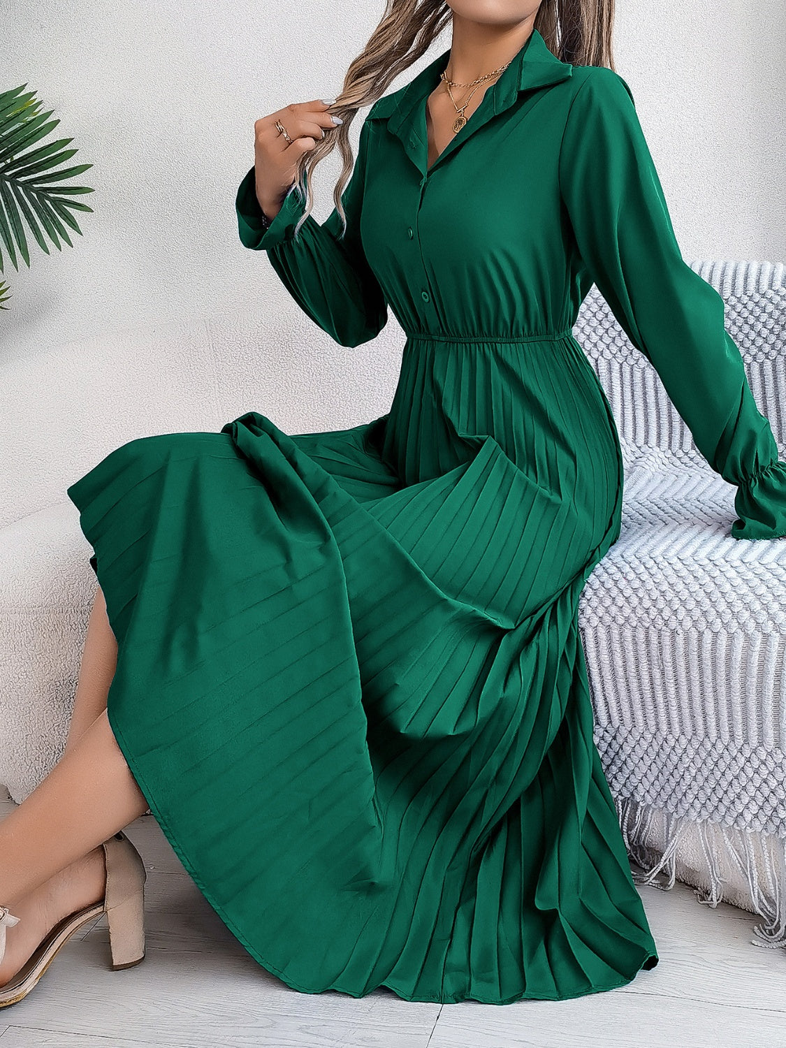 Pleated Half Button Long Sleeve Midi Dress