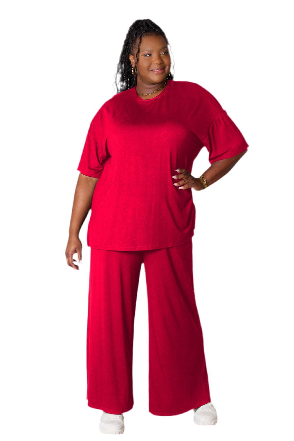 Double Take Full Size Round Neck Slit Top and Pants Set