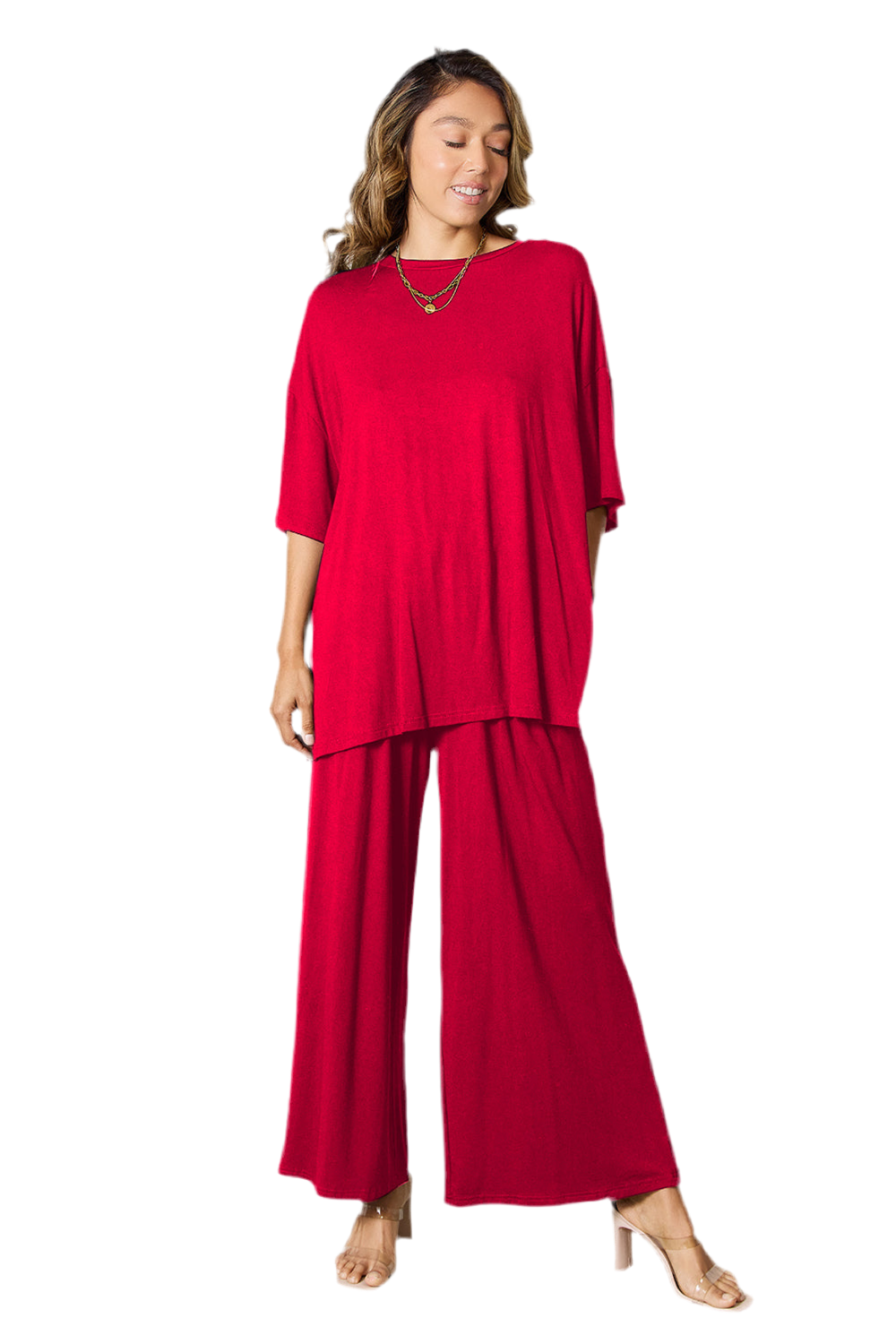 Double Take Full Size Round Neck Slit Top and Pants Set