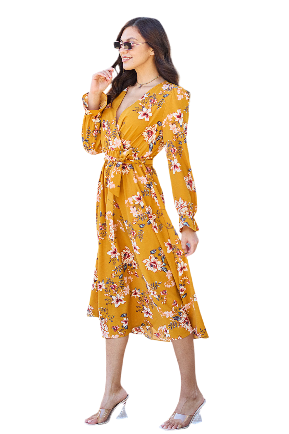 Double Take Full Size Floral Tie Back Flounce Sleeve Dress