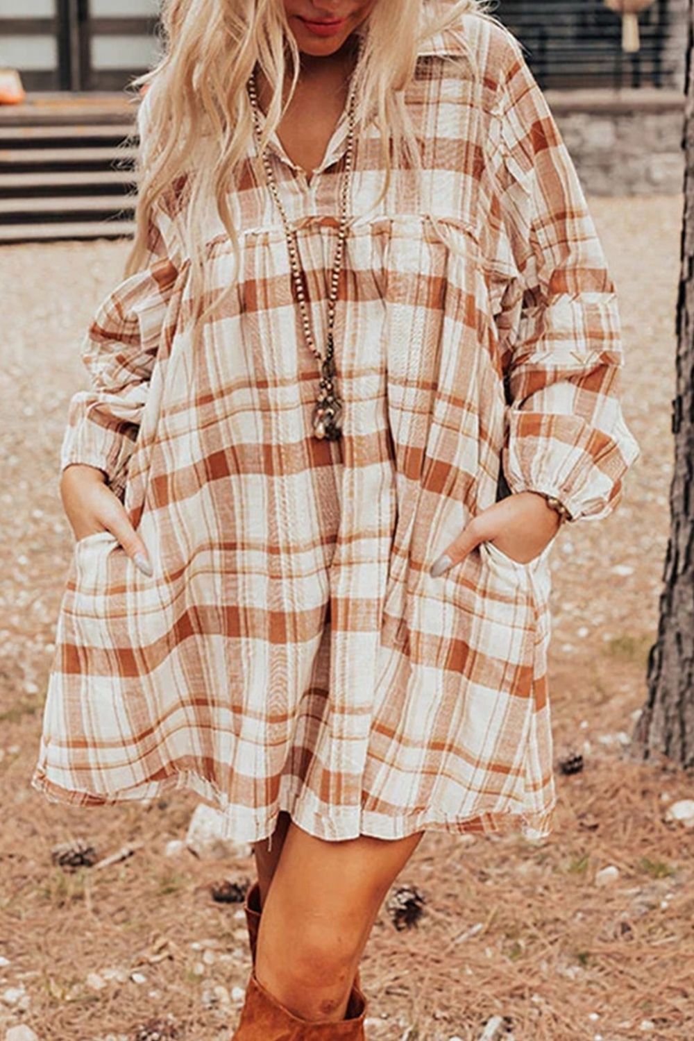 Plaid Collared Neck Long Sleeve Mini Shirt Dress