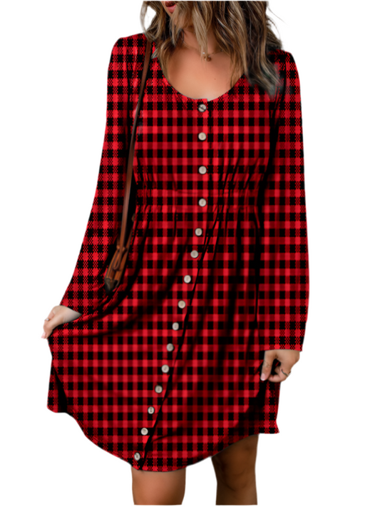 Double Take Full Size Plaid Round Neck Long Sleeve Magic Dress