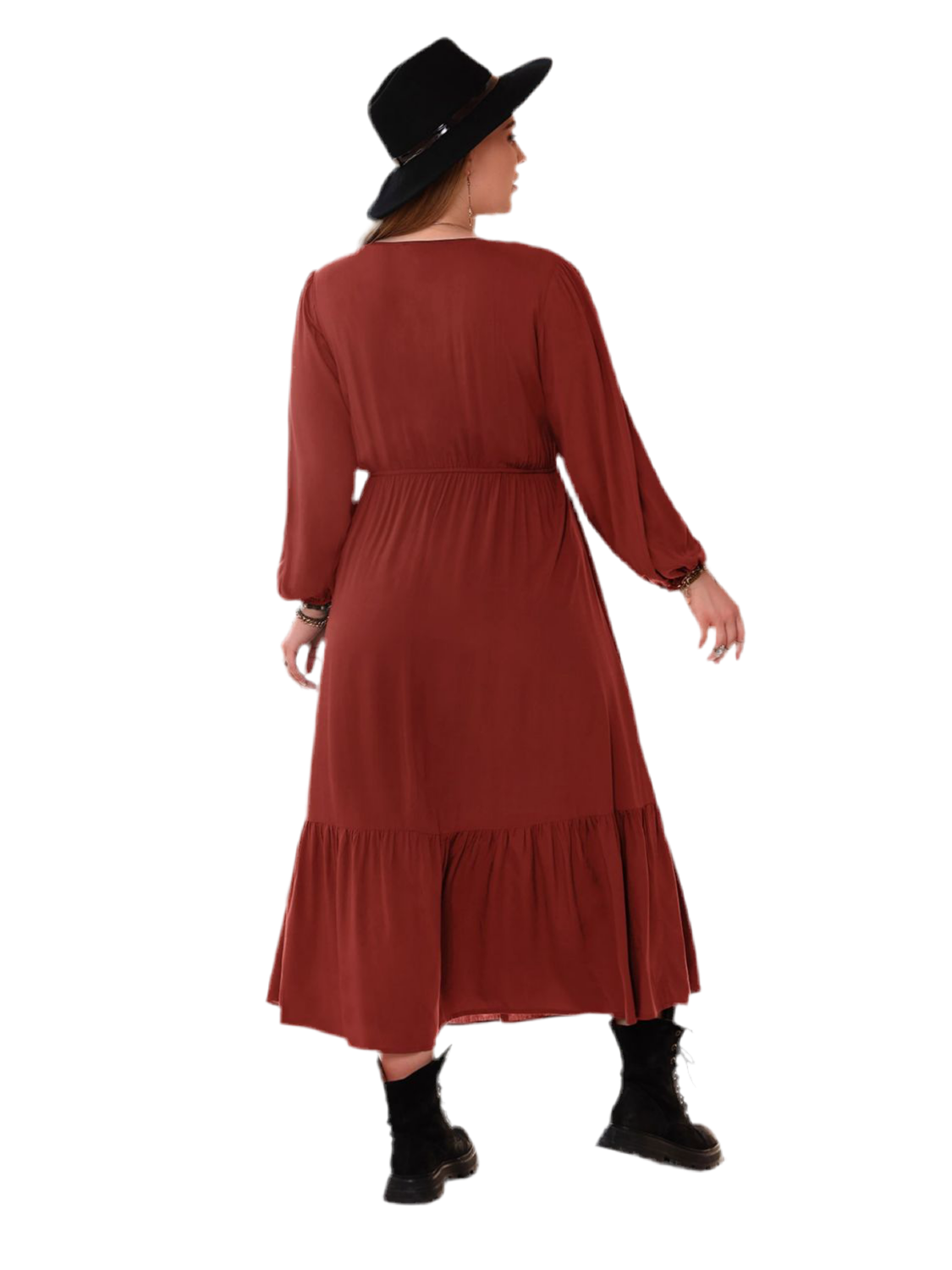 Plus Size Quarter Button V-Neck Long Sleeve Dress