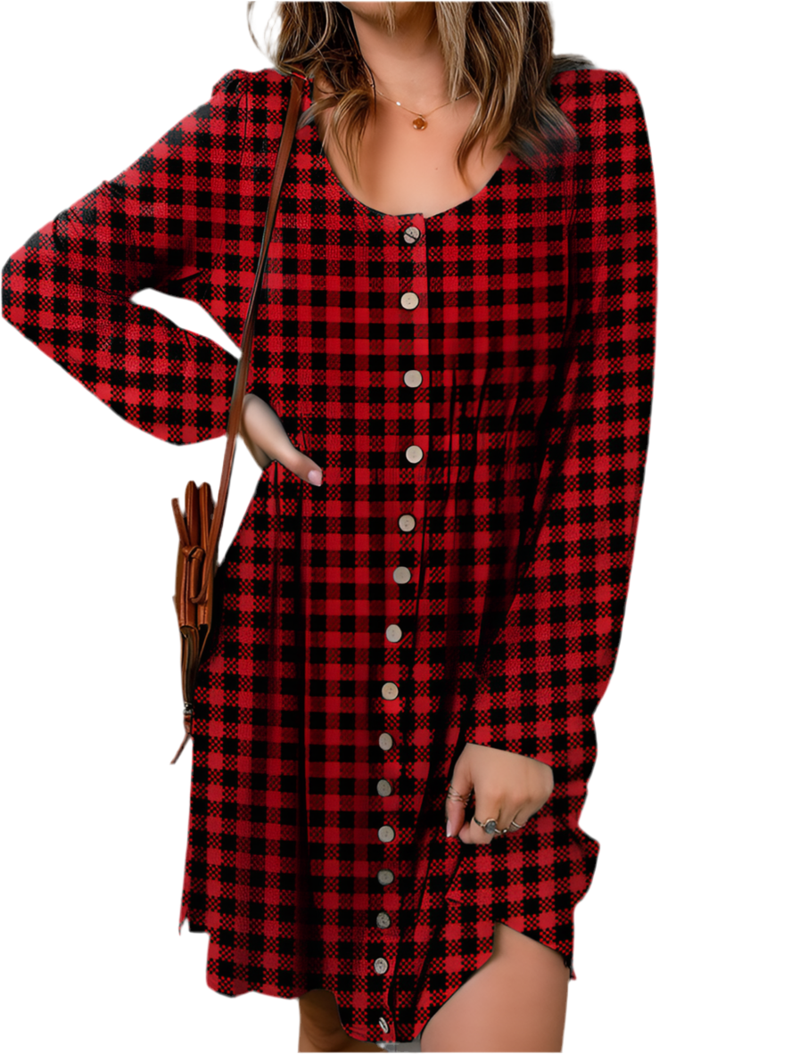 Double Take Full Size Plaid Round Neck Long Sleeve Magic Dress