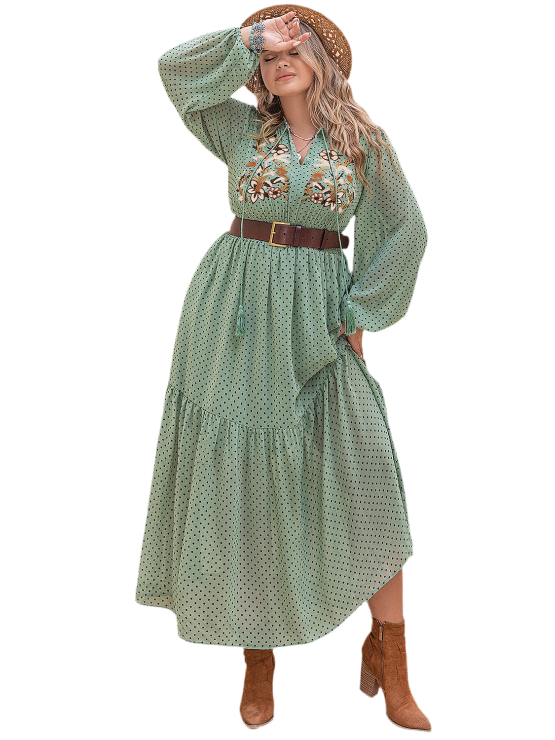 Plus Size Tassel Printed Tie Neck Long Sleeve Midi Dress