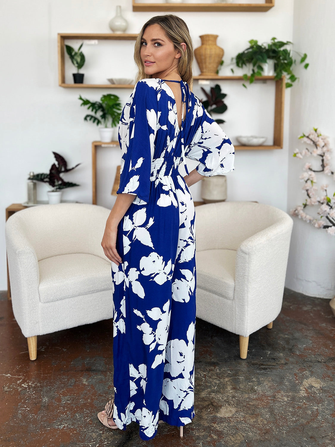 Double Take Full Size Printed Tie Back Wide Leg Jumpsuit