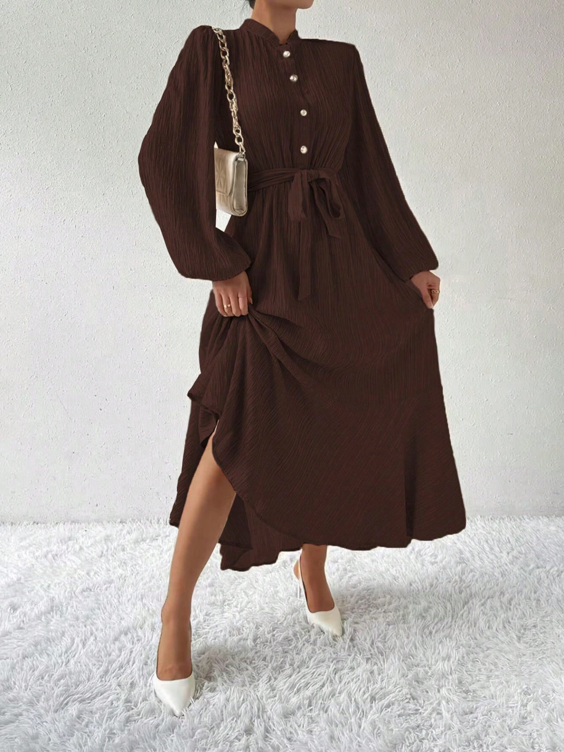 Half Button Tie Waist Long Sleeve Maxi Dress