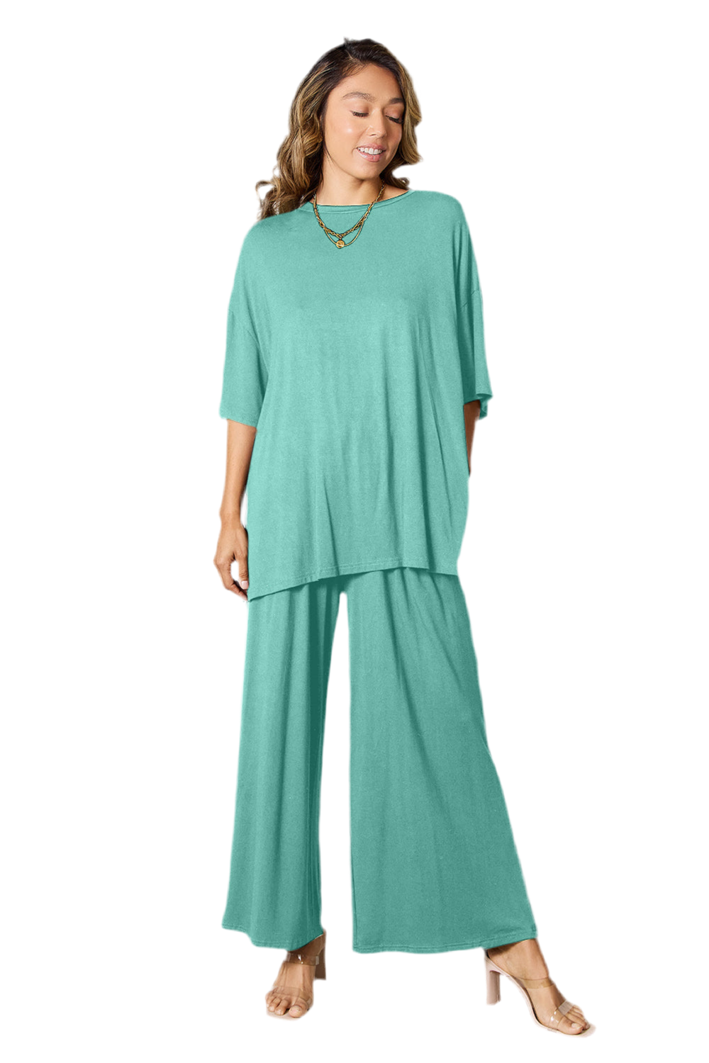 Double Take Full Size Round Neck Slit Top and Pants Set