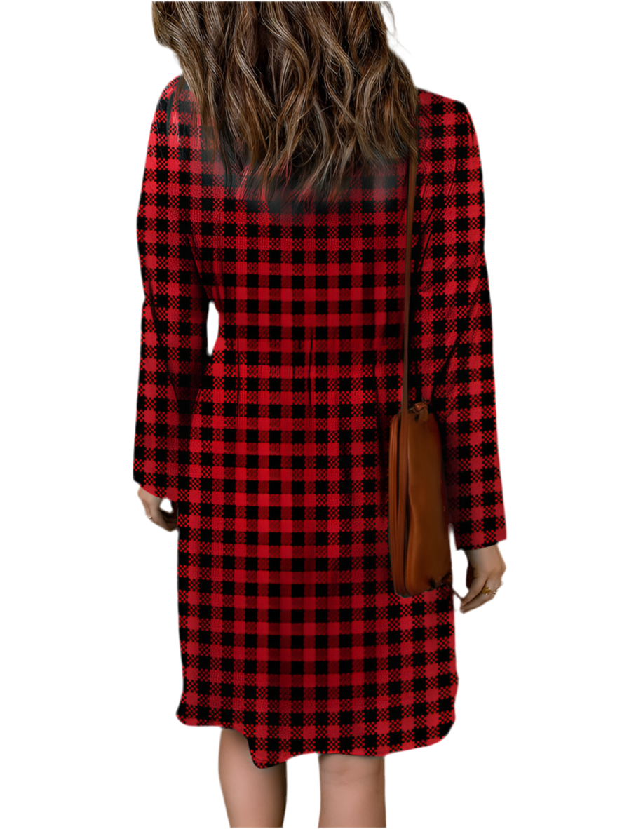 Double Take Full Size Plaid Round Neck Long Sleeve Magic Dress