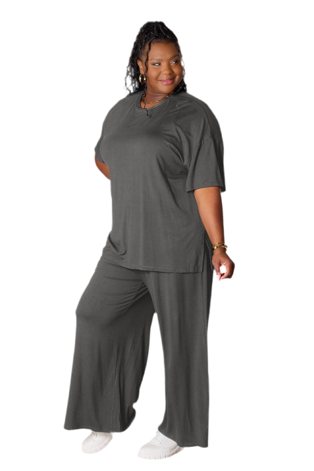 Double Take Full Size Round Neck Slit Top and Pants Set