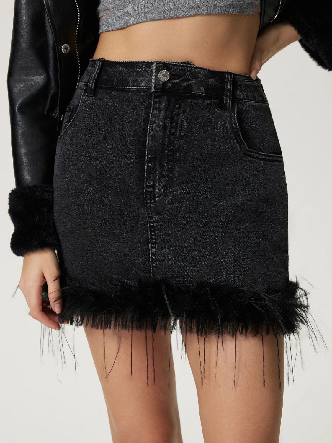 Plush Hem Mini Denim Skirt