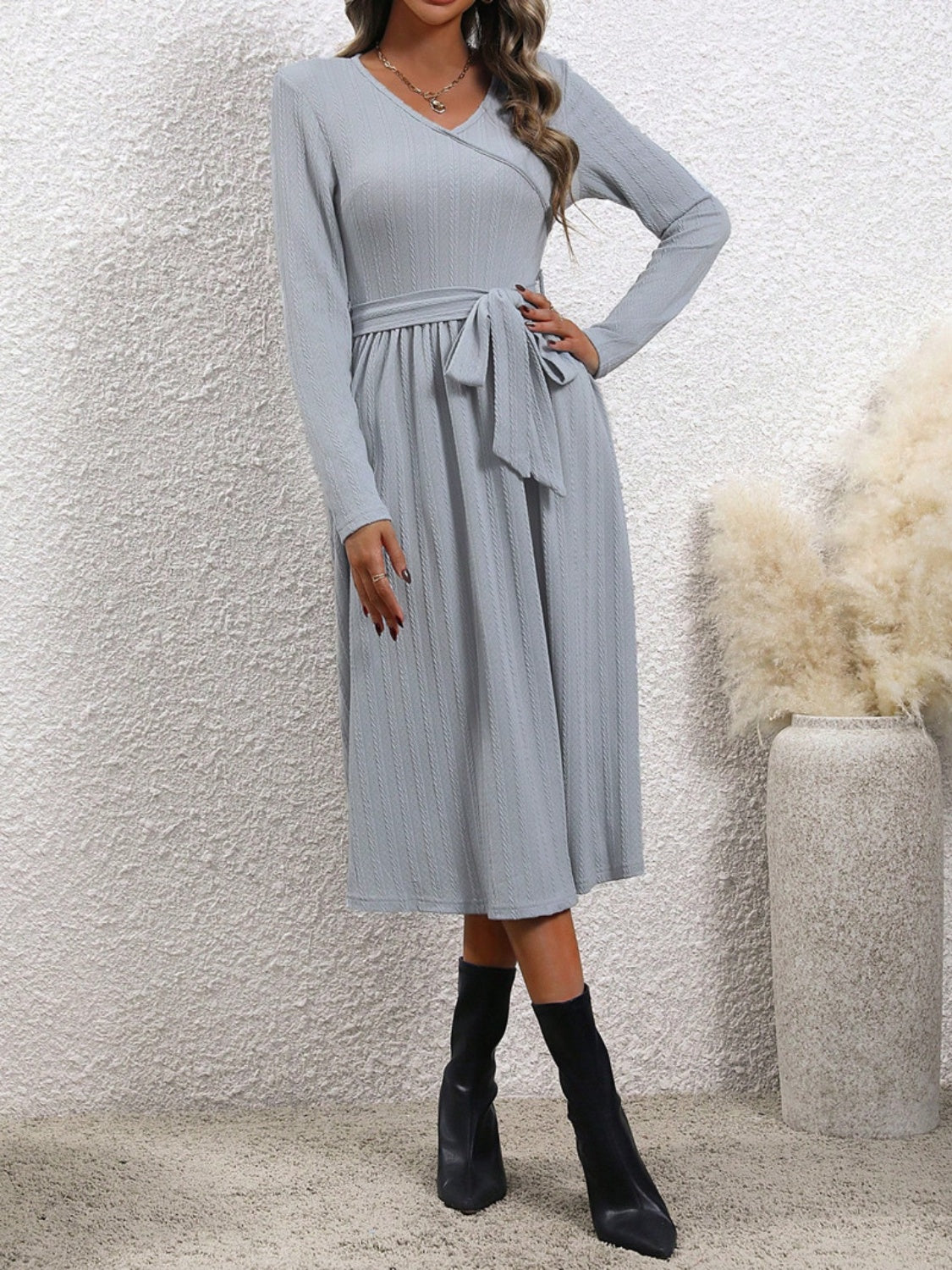 Surplice Tie Waist Long Sleeve Midi Dress