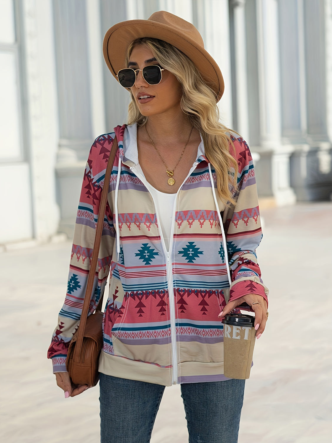 Geometric Zip Up Long Sleeve Hooded Jacket