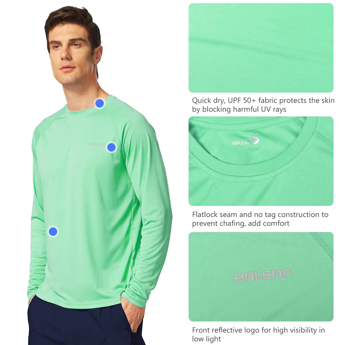 BALEAF Men's Sun Protection Shirts UV SPF UPF 50+ Long Sleeve Rash Guard Fishing Running Quick Dry Lightweight 02-beach Glass Large