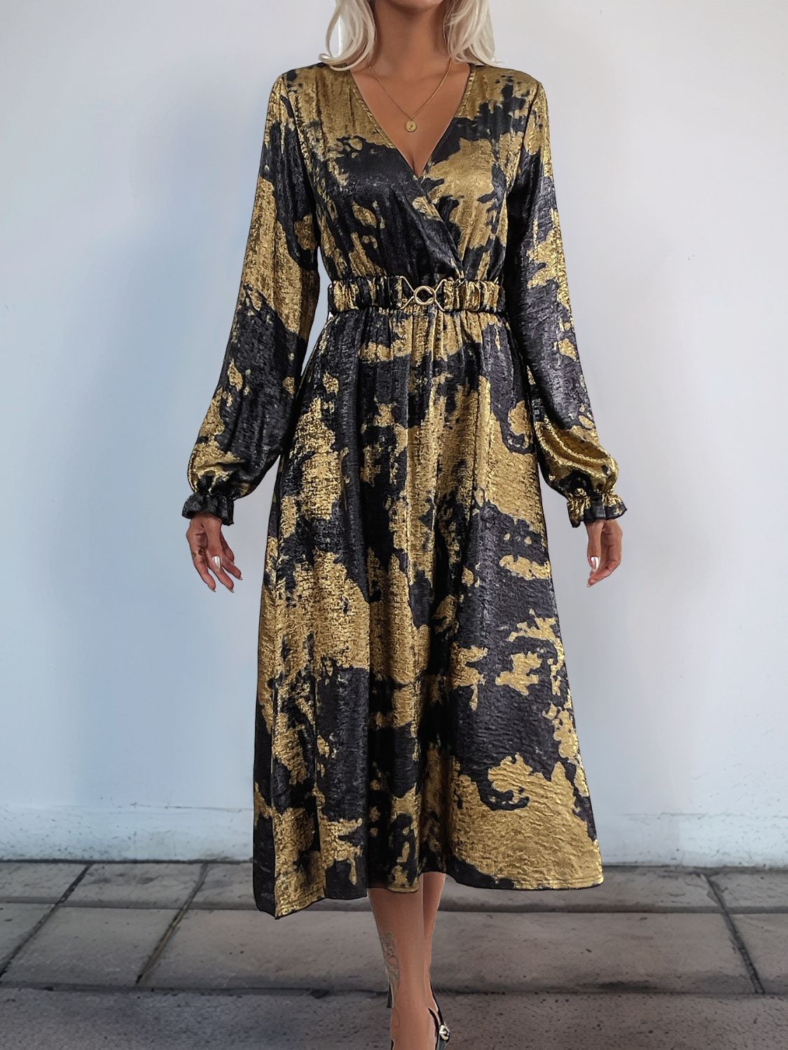 Perfee Printed Surplice Long Sleeve Midi Dress