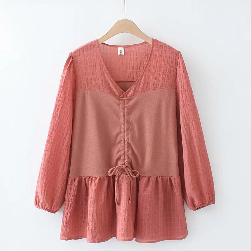 Loose Fit Drawstring V-Neck Long Sleeve Top